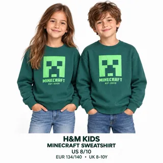Photo of H&M Kids Minecraft Creeper Green Graphic Logo Fleece Pullover Sweatshirt 8-10