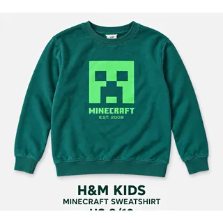 Photo of H&M Kids Minecraft Creeper Green Graphic Logo Fleece Pullover Sweatshirt 8-10