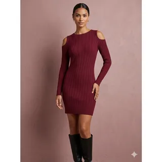 Photo of Fashion Burgundy Ribbed Cold-Shoulder Bodycon Sweater Dress Size XL