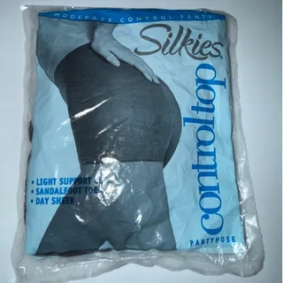 Photo of VTG Y2K NOS Silkies Moderate Control Top Pantyhose Regular Size Small Off Black