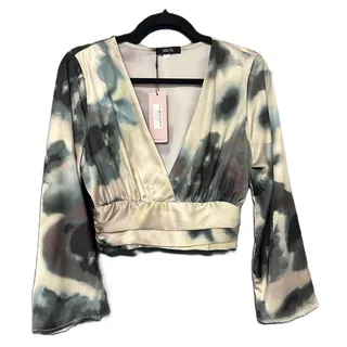 Photo of NWT Micas Tie-Dye V-Neck Satin Fit Waist Blouse Long Bell Sleeve Side Zip Small