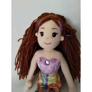 Photo of Aurora Mermaid Plush Doll Rainbow Tail Purple Top Red Yarn Hair