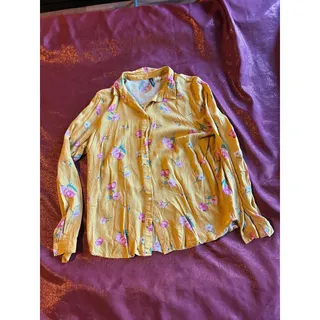 Photo of H&M Divided Blouse Womens 6 Yellow Floral Button Up Long Sleeve Casual Vibrant