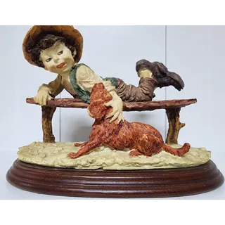 Photo of Giuseppe Armani Boy & Dog Figurine on Wood Base 9.5" Vintage Italy