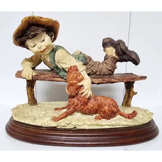 Photo of Giuseppe Armani Boy & Dog Figurine on Wood Base 9.5" Vintage Italy