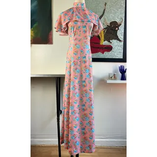 Photo of Vintage 70s Floral Cape Sleeve Maxi Dress | Pink Hostess Gown | Prairie Boho | M