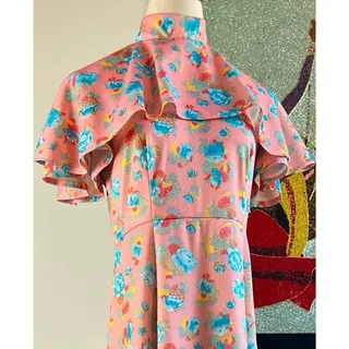 Photo of Vintage 70s Floral Cape Sleeve Maxi Dress | Pink Hostess Gown | Prairie Boho | M