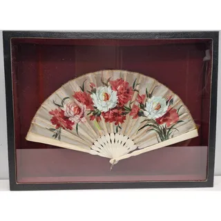 Photo of Vintage Japanese Hand Fan Framed 14.25 x 8, Bone Blades Shadowbox - Rare