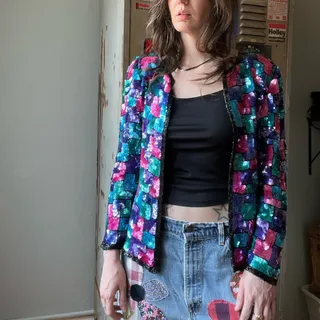 Photo of Vintage 80s Silk Sequin Jacket | Colorblock Sequin Blazer | Size M
