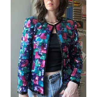 Photo of Vintage 80s Silk Sequin Jacket | Colorblock Sequin Blazer | Size M