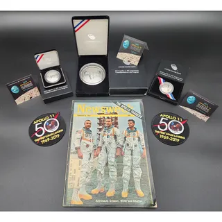 Photo of Apollo Space History Collector Set – 2019 50th Anniversary Coins, 1969 Moon Stamps, 1967 Newsweek Apollo 1 Tragedy Issue & NASA Embroidered 50th Anniv Patches