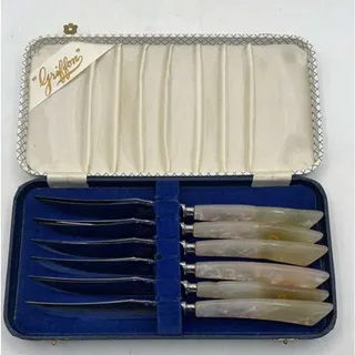 Photo of Vintage Griffon Pearl Steak Knives Set of 6 – Sheffield England w/ Case