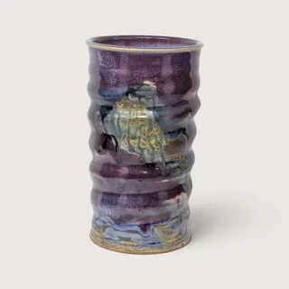 Photo of Vintage Handmade Stoneware Ribbed Studio Pottery Vase