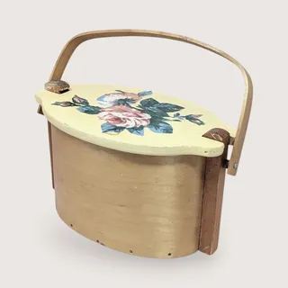 Photo of Vintage Basketville Vermont Floral Lidded Wood Basket