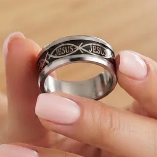 Photo of Vintage Unisex Ring Cool Religious Ring Jesus and Fish Black and Silver Size 5