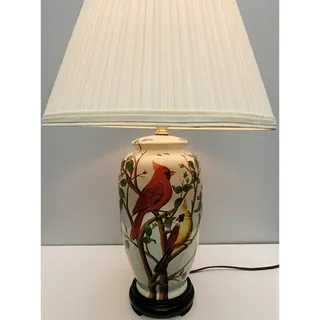 Photo of Vintage Ceramic Bird Lamp 24.5" – Cardinal & Goldfinch – Tree Finial, Wood Base