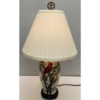 Photo of Vintage Ceramic Bird Lamp 24.5" – Cardinal & Goldfinch – Tree Finial, Wood Base