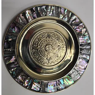 Photo of Vintage Mayan Calendar Plate – Alpaca Silver & Abalone Shell – Mexico Aztec Art