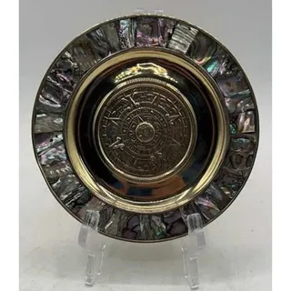 Photo of Vintage Mayan Calendar Plate – Alpaca Silver & Abalone Shell – Mexico Aztec Art