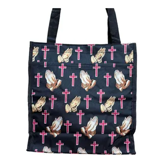 Photo of NEW Cross Praying Hands Tote Bag Book Shopper Black Christian Waterproof