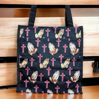 Photo of NEW Cross Praying Hands Tote Bag Book Shopper Black Christian Waterproof