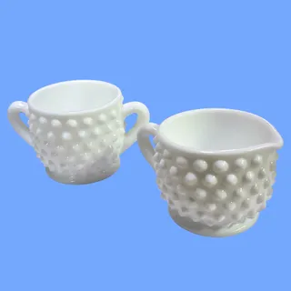 Photo of Vintage Fenton White Milk Glass Hobnail Mini Creamer & Sugar Bowl Set