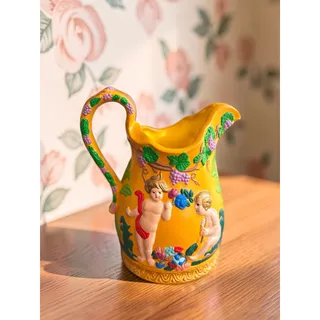 Photo of Decorative Ceramic Pitcher Cherubs Grapes Floral Yellow Raised Relief Bacchus