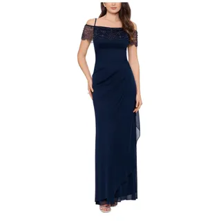 Photo of XSCAPE Blue Evening Gown Beaded Chiffon Off the Shoulder Column Dress Size 16