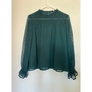 Photo of SIMU Emerald Green Swiss Dot Smocked Ruffle Blouse - Size Small