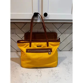 Photo of Michael Kors bright yellow Kempton nylon tote brown leather trim shoulder straps