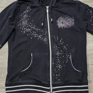 Photo of BCBG Maxazria Black & Silver Rhinestone Embellished Zip Up Hooded Jacket Sweater