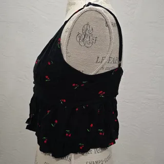 Photo of Lottie Moss (PacSun) Black Cherry Print Crop Top Adjustable Strap Open Mid Shirt