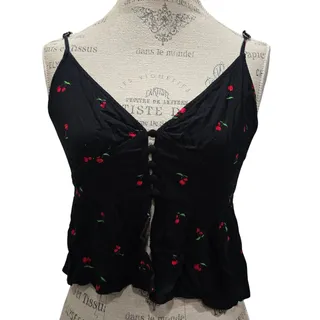 Photo of Lottie Moss (PacSun) Black Cherry Print Crop Top Adjustable Strap Open Mid Shirt