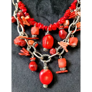 Photo of Vintage Red Coral Bead Chain Necklace Statement Bib Southwestern Boho Chic
