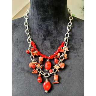 Photo of Vintage Red Coral Bead Chain Necklace Statement Bib Southwestern Boho Chic
