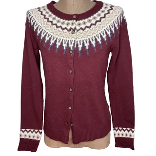 Photo of Vtg Telluride Clothing Co Fair Isle Cardigan Women Small Lambswool Burgundy Ski