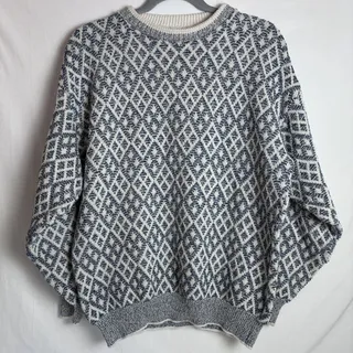 Photo of Vintage Bill Blass Style Chunky Diamond Knit Sweater Mens M Navy Cream 80s 90s