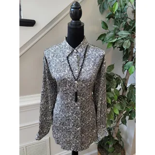 Photo of Zara Blouse Women's Size XL Black White Paisley Button Front Long Sleeve Shirt