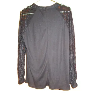 Photo of MIHOLL Black Lace Sleeve Top Women’s Size Med Zip Back Dressy Minimalist Blouse