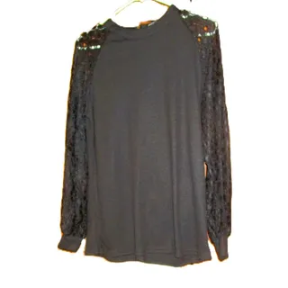 Photo of MIHOLL Black Lace Sleeve Top Women’s Size Med Zip Back Dressy Minimalist Blouse