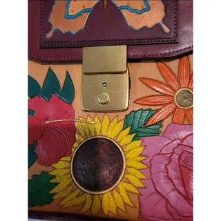 Photo of Rare Signed M. Sin 70s Hand Tooled Leather Bag Floral Butterfly Brass Clasp