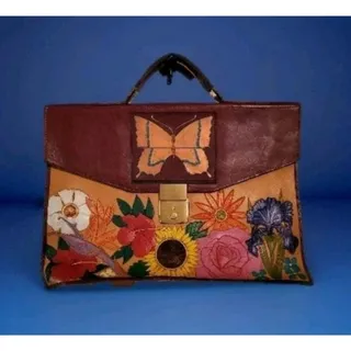 Photo of Rare Signed M. Sin 70s Hand Tooled Leather Bag Floral Butterfly Brass Clasp