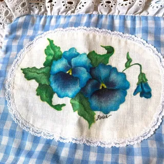 Photo of Vintage Blue Gingham Apron Hand Painted Floral Eyelet Lace Pockets Cottagecore