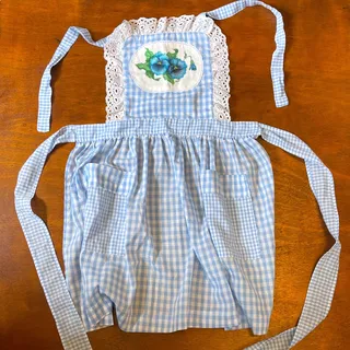 Photo of Vintage Blue Gingham Apron Hand Painted Floral Eyelet Lace Pockets Cottagecore