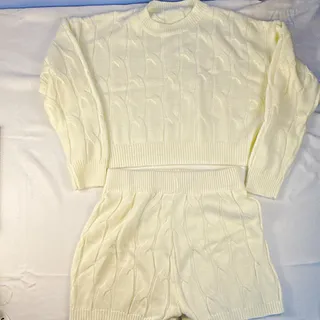 Photo of New Cable Knit Lounge Set Cream Sweater & Shorts 2pc Cozy Knitwear Loungewear M