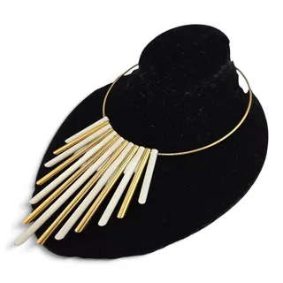 Photo of Vintage Modernist Fringe Collar Necklace Gold Tone White Tubes Statement