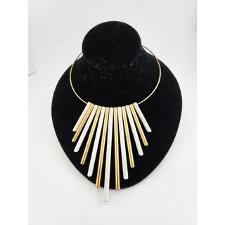 Photo of Vintage Modernist Fringe Collar Necklace Gold Tone White Tubes Statement