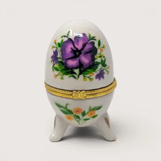 Photo of Vintage Porcelain Purple Flower Footed Egg Trinket Box