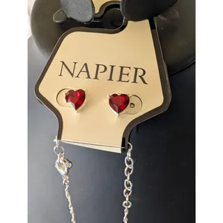 Photo of NWT Napier Silver Tone Necklace With Red Glass & CZ Pavé Hearts Matching Earrings