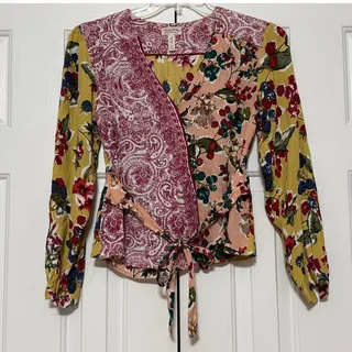 Photo of Meadow Row by Anthropologie Patchwork Print Wrap Blouse, Size 4